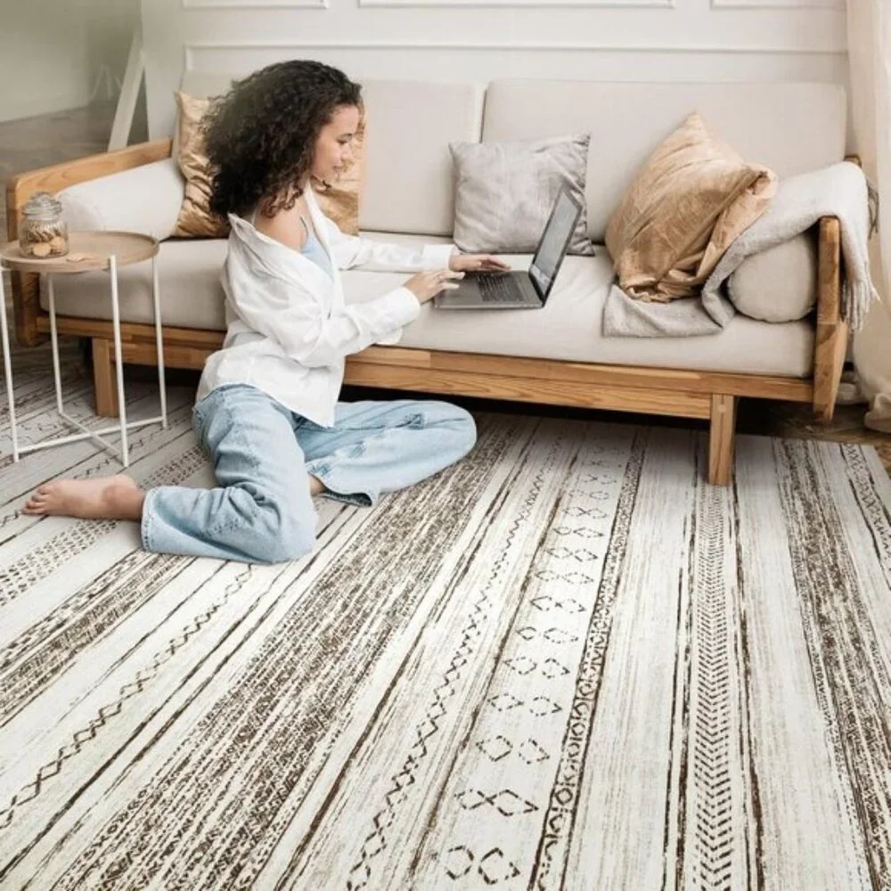 New 5x7 Cream Brown Boho Area Rug Washable Soft Carpet for Home & Room Decor